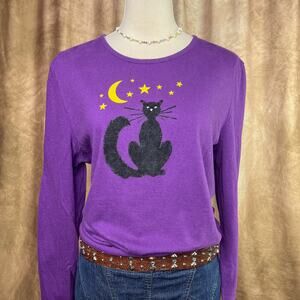 Y2K Black Cat Shirt Velour Long Sleeve Shirt Purple Halloween Cottage Witchy